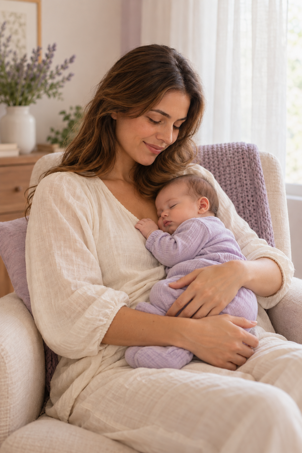 Mãe com expressão tranquila acolhendo um bebê pequeno adormecido nos braços